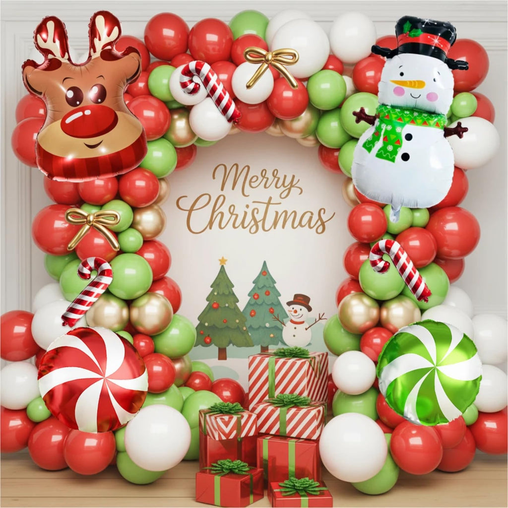 Paeyeq Christmas Balloon Arch Kit - Red Green Gold White with Snowman & Reindeer Foil Balloons