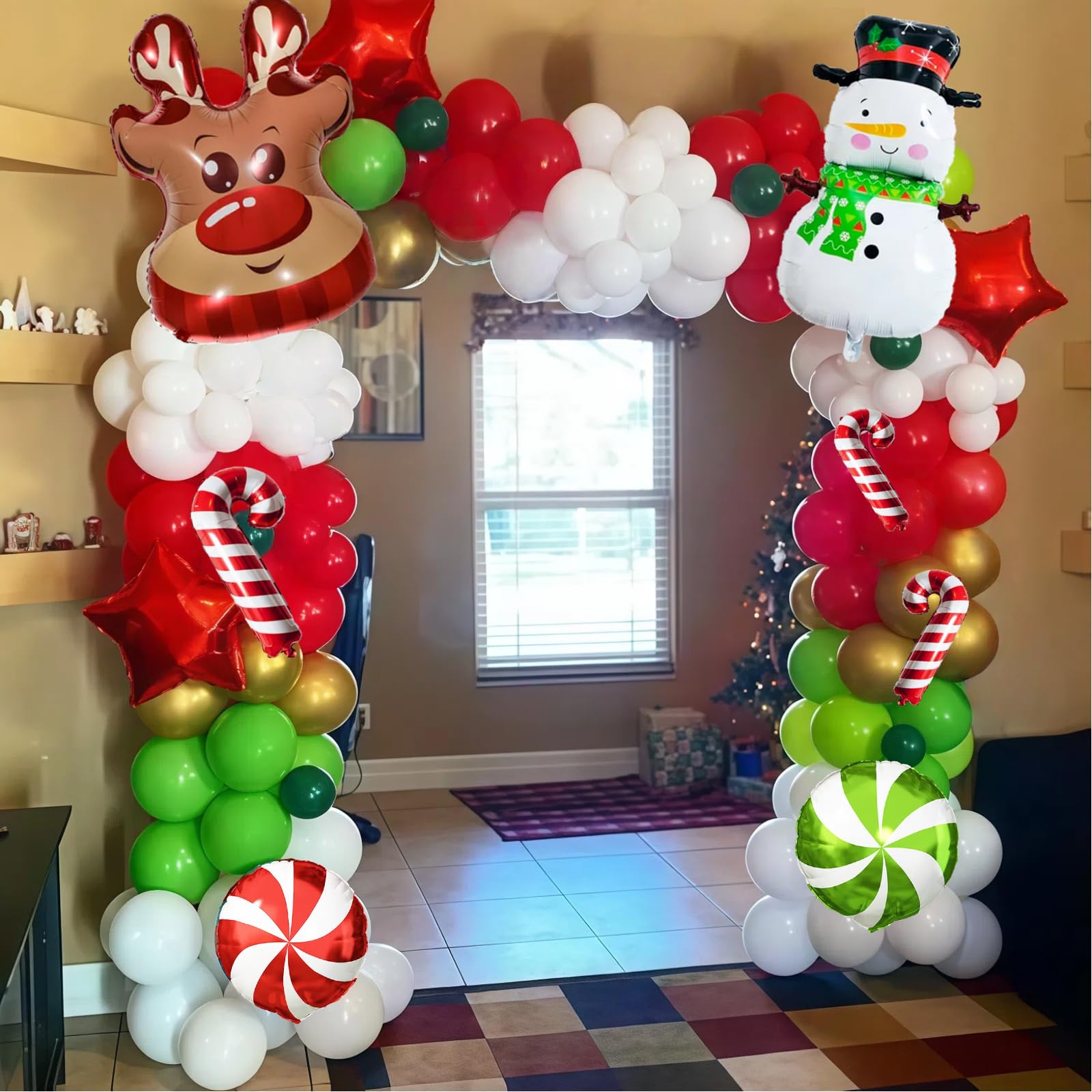 Paeyeq Christmas Balloon Arch Kit - Red Green Gold White with Snowman & Reindeer Foil Balloons