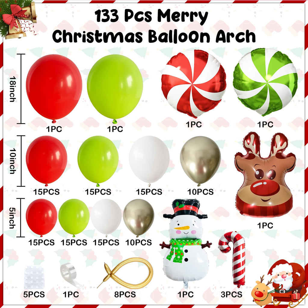 Paeyeq Christmas Balloon Arch Kit - Red Green Gold White with Snowman & Reindeer Foil Balloons
