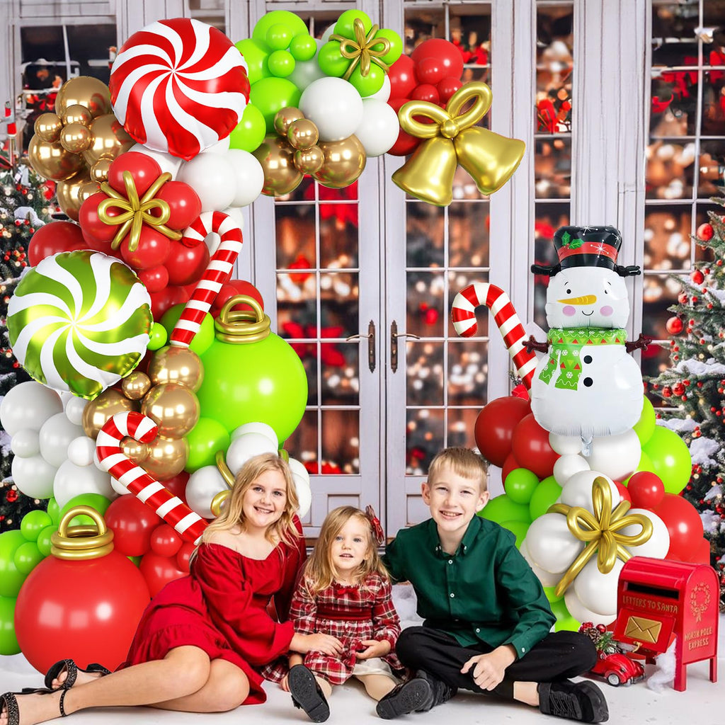 Paeyeq Christmas Balloon Arch Kit - Red Green Gold White with Snowman & Reindeer Foil Balloons