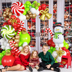 Paeyeq Christmas Balloon Arch Kit - Red Green Gold White with Snowman & Reindeer Foil Balloons