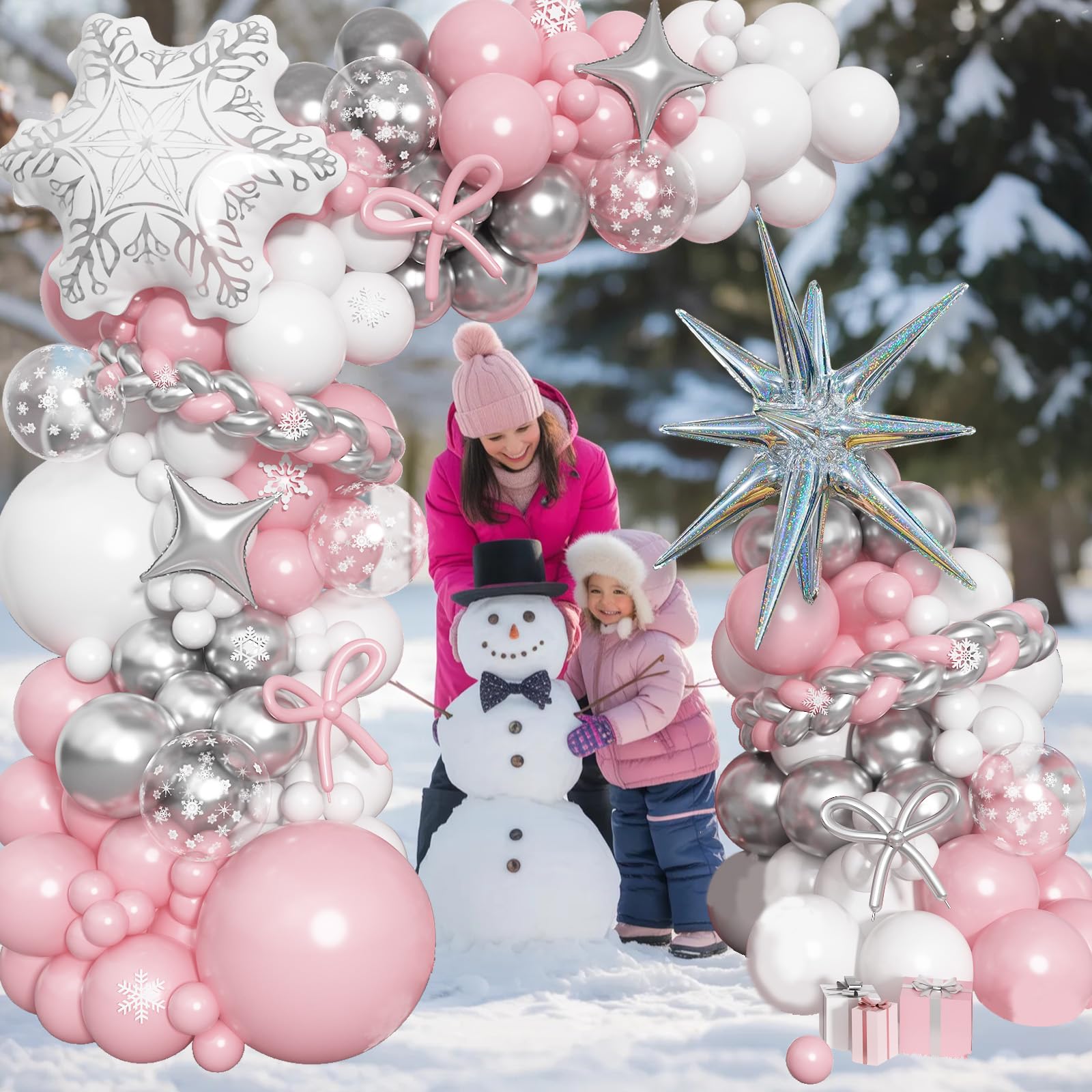 Paeyeq Pink Winter Wonderland Balloon Arch Kit | Snowflake & Star Foil Balloons