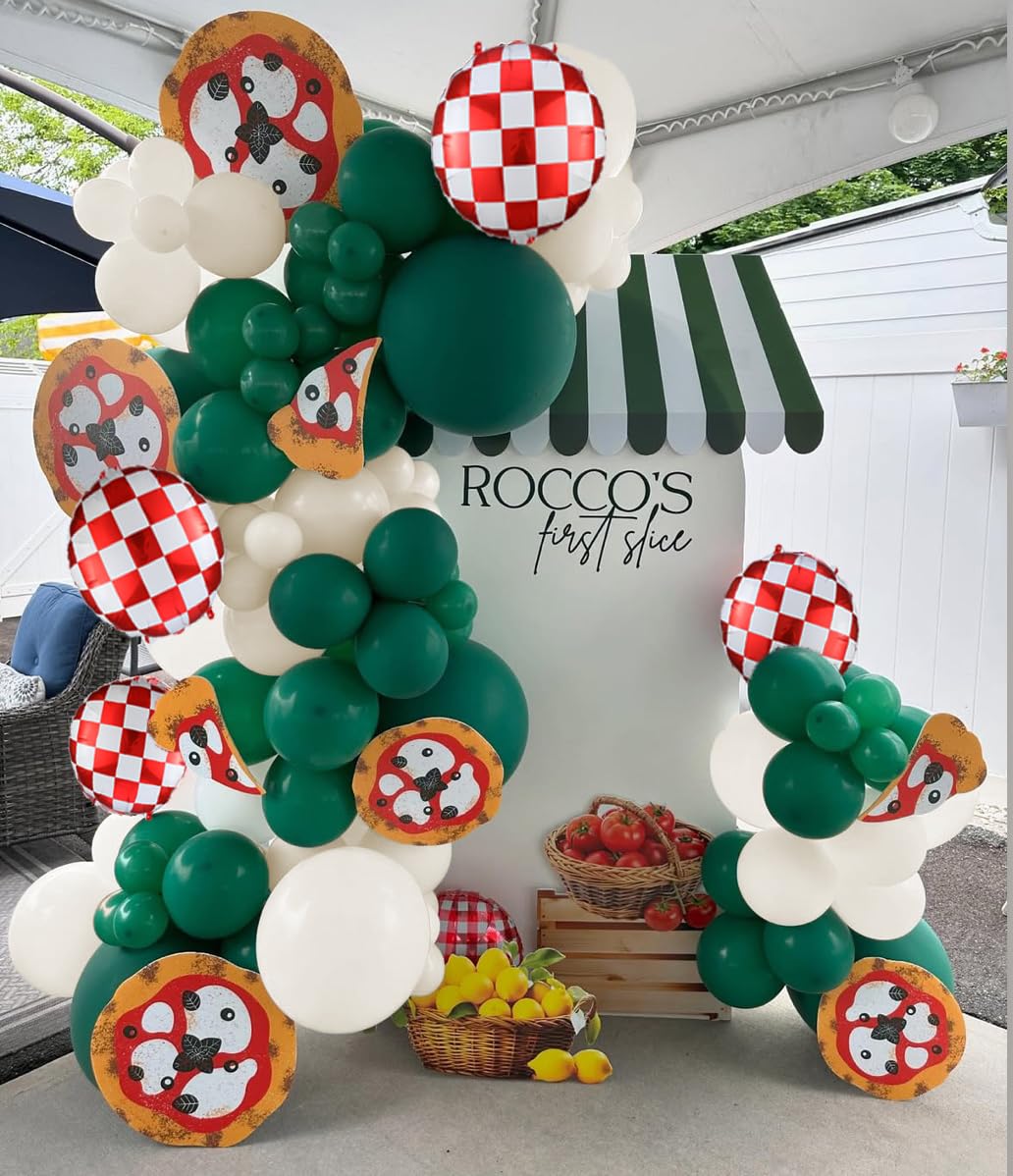PageebO Pizza Party Decorations – 150pcs Balloons Kit with Red, Green, Ivory White & Pizza Checkered Foil Balloons