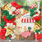 PageebO Pizza Party Decorations – 150pcs Balloons Kit with Red, Green, Ivory White & Pizza Checkered Foil Balloons