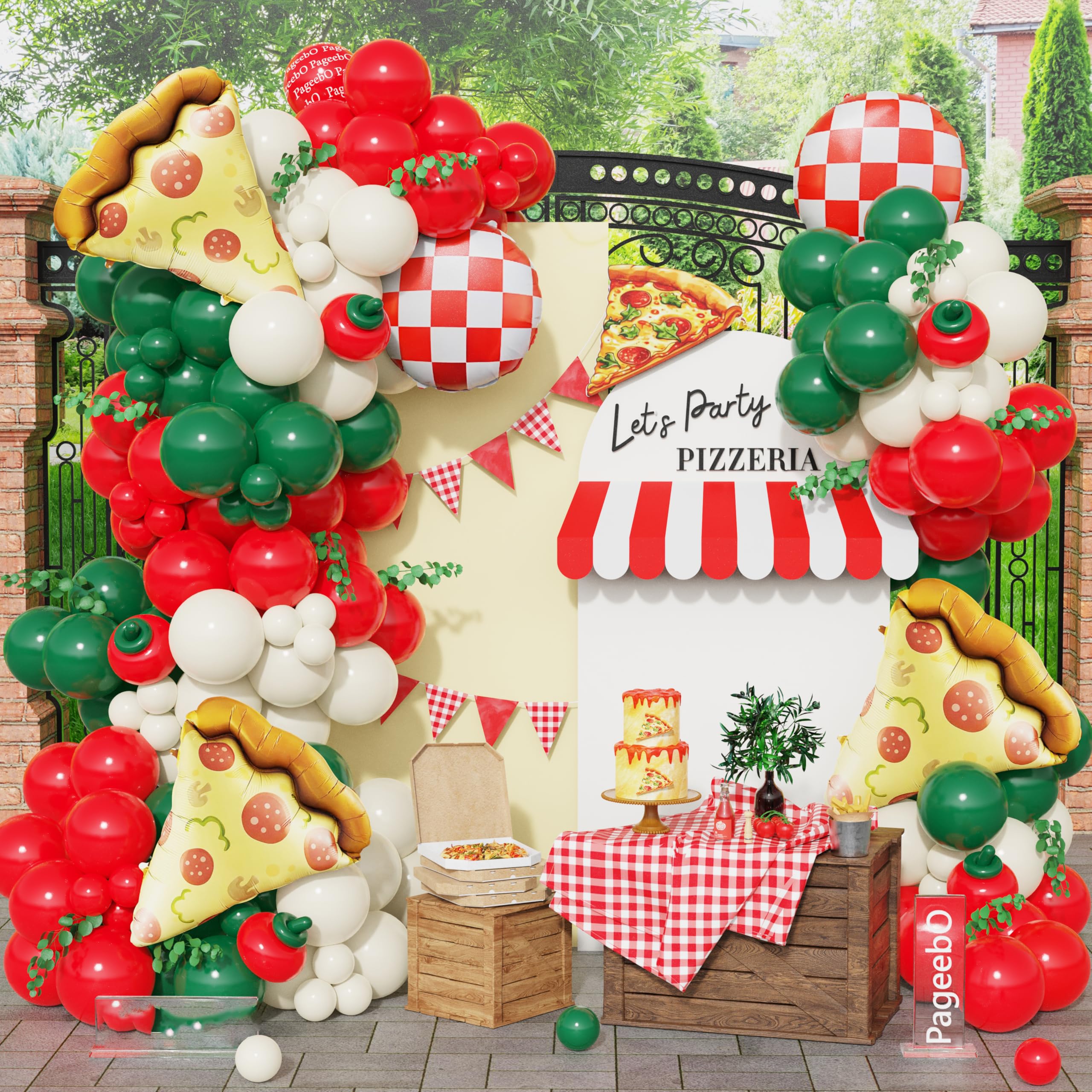 PageebO Pizza Party Decorations – 150pcs Balloons Kit with Red, Green, Ivory White & Pizza Checkered Foil Balloons