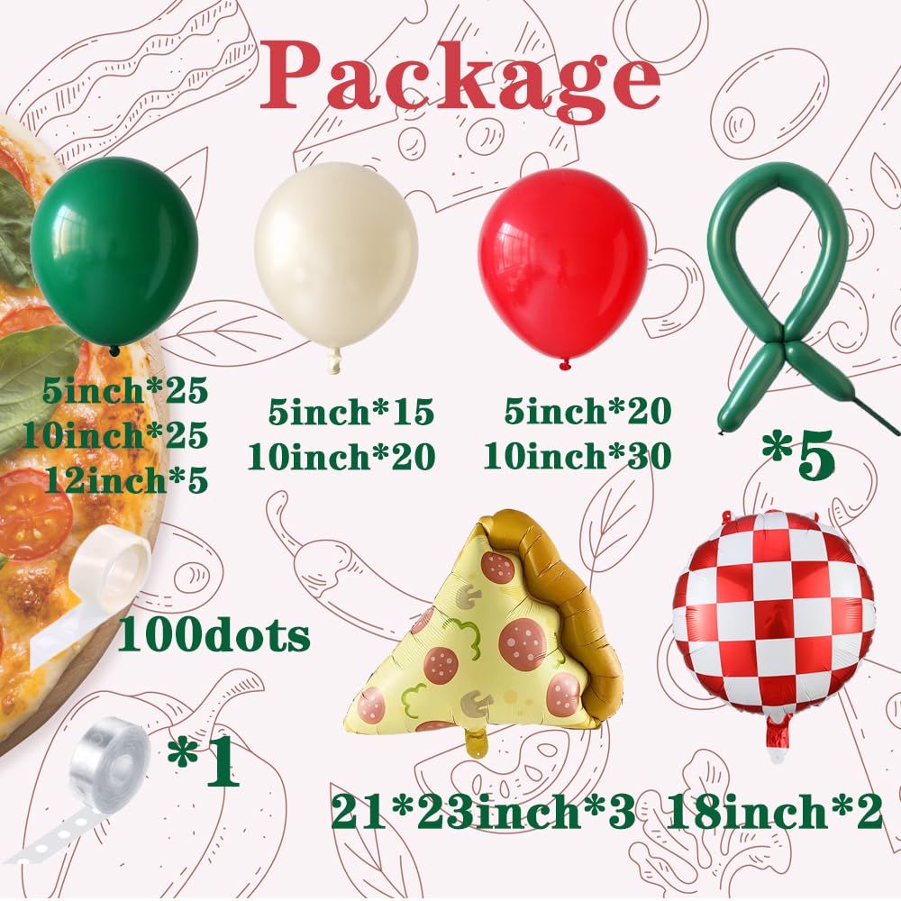 PageebO Pizza Party Decorations – 150pcs Balloons Kit with Red, Green, Ivory White & Pizza Checkered Foil Balloons
