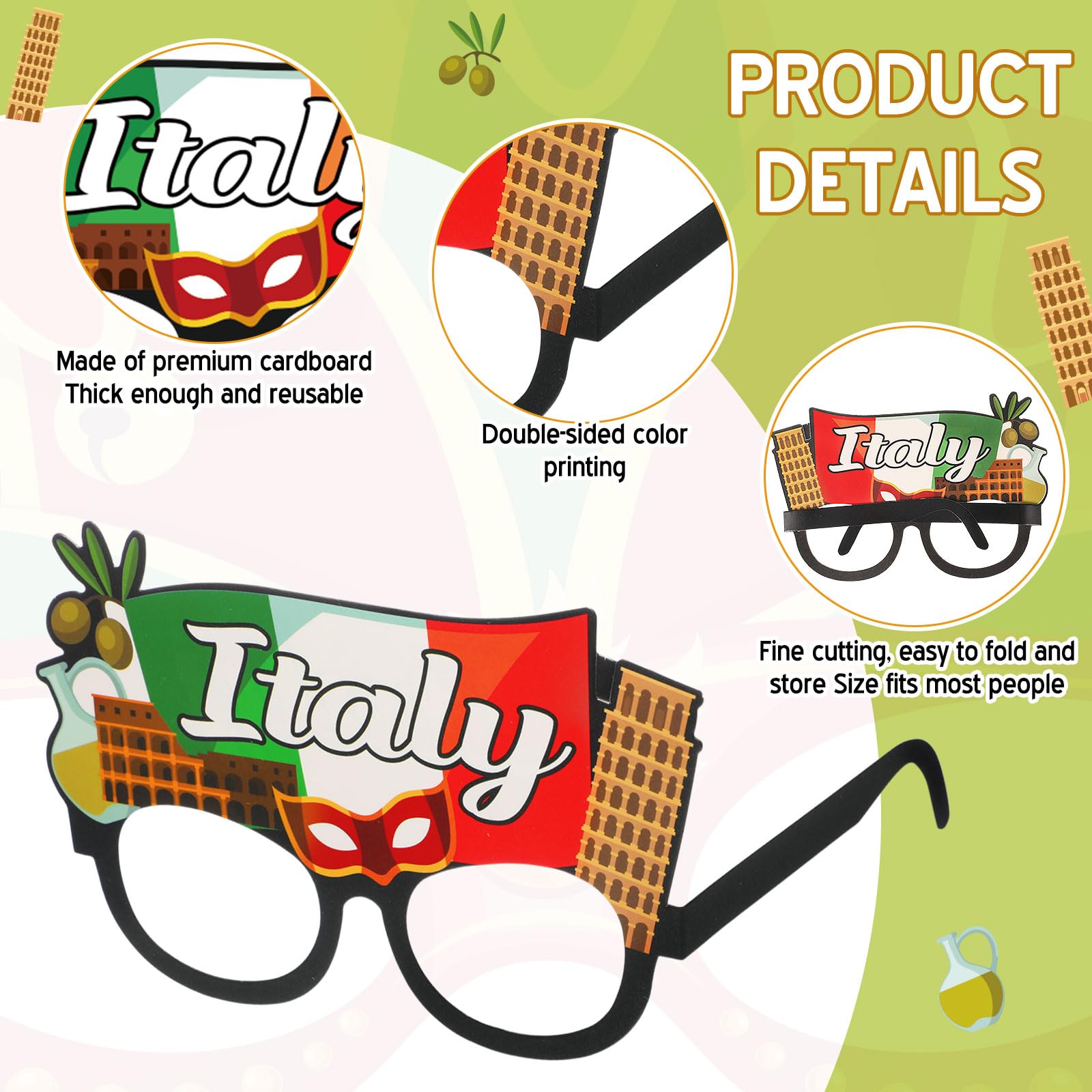 Pajean 32 Pcs Italian Party Glasses – Photo Booth Props for Italy Theme Events