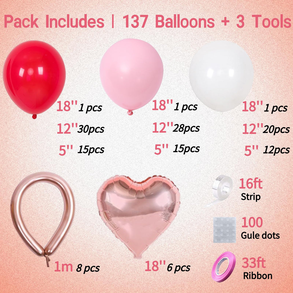 PALITIGO 137 Pcs Valentines Day Balloon Arch Kit - Red Pink White Matte Latex & Rose Gold Heart Foil Balloons