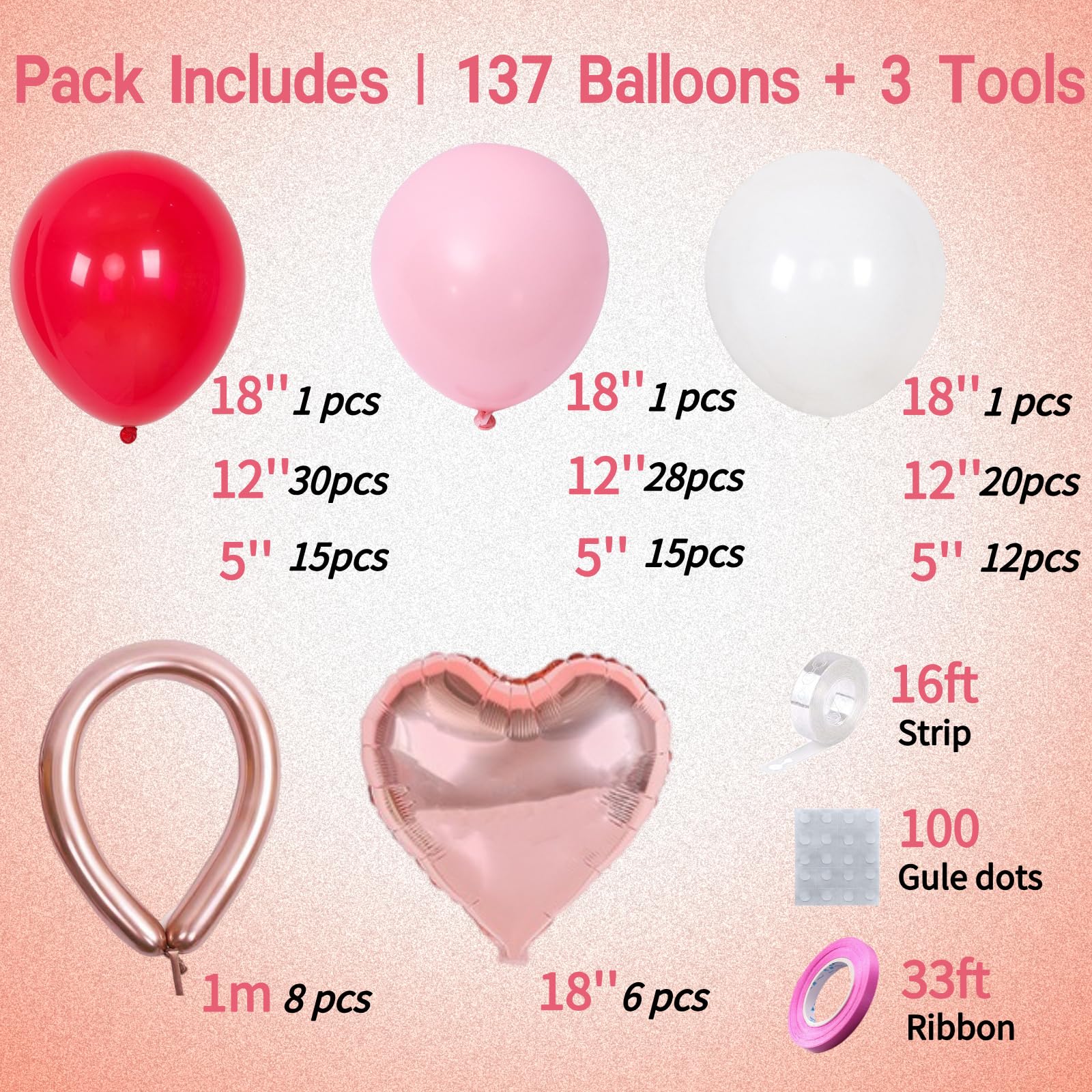 PALITIGO 137 Pcs Valentines Day Balloon Arch Kit - Red Pink White Matte Latex & Rose Gold Heart Foil Balloons