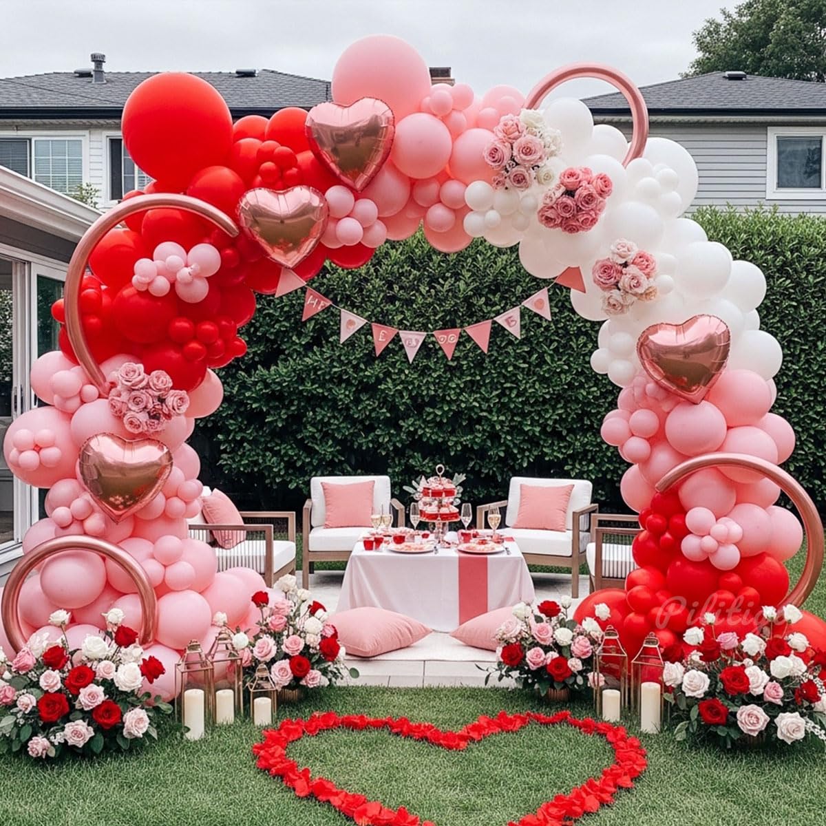 PALITIGO 137 Pcs Valentines Day Balloon Arch Kit - Red Pink White Matte Latex & Rose Gold Heart Foil Balloons