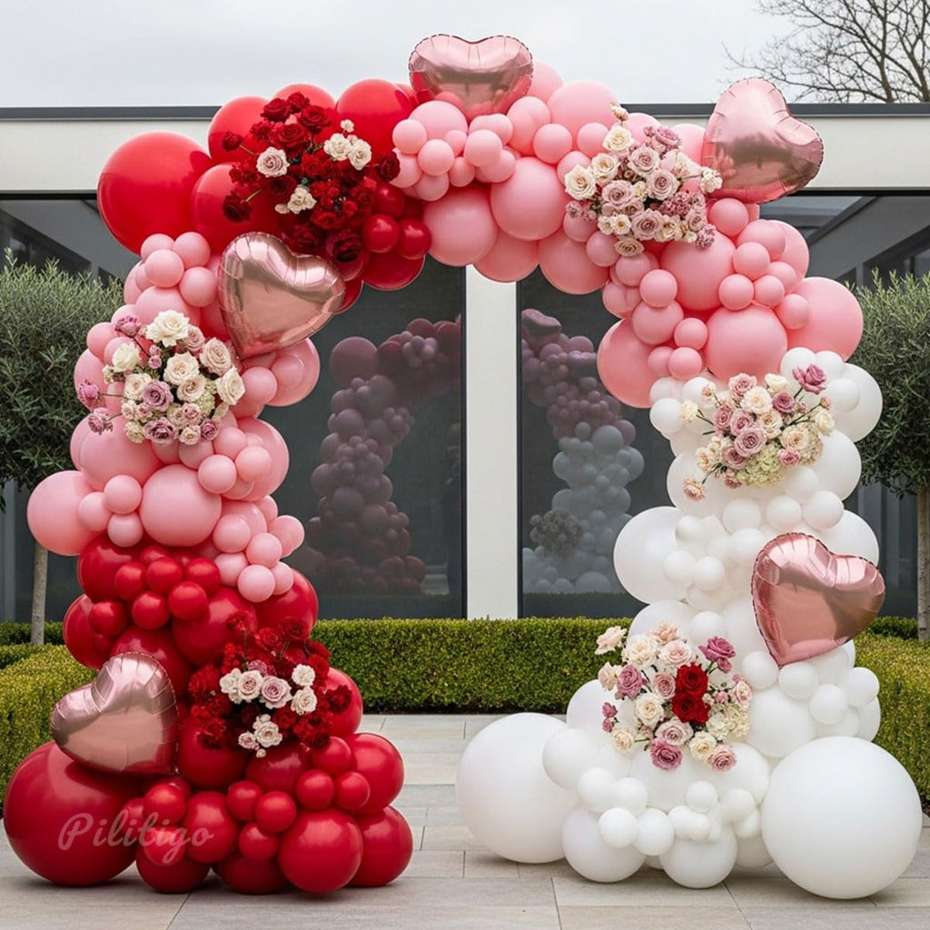 PALITIGO 137 Pcs Valentines Day Balloon Arch Kit - Red Pink White Matte Latex & Rose Gold Heart Foil Balloons