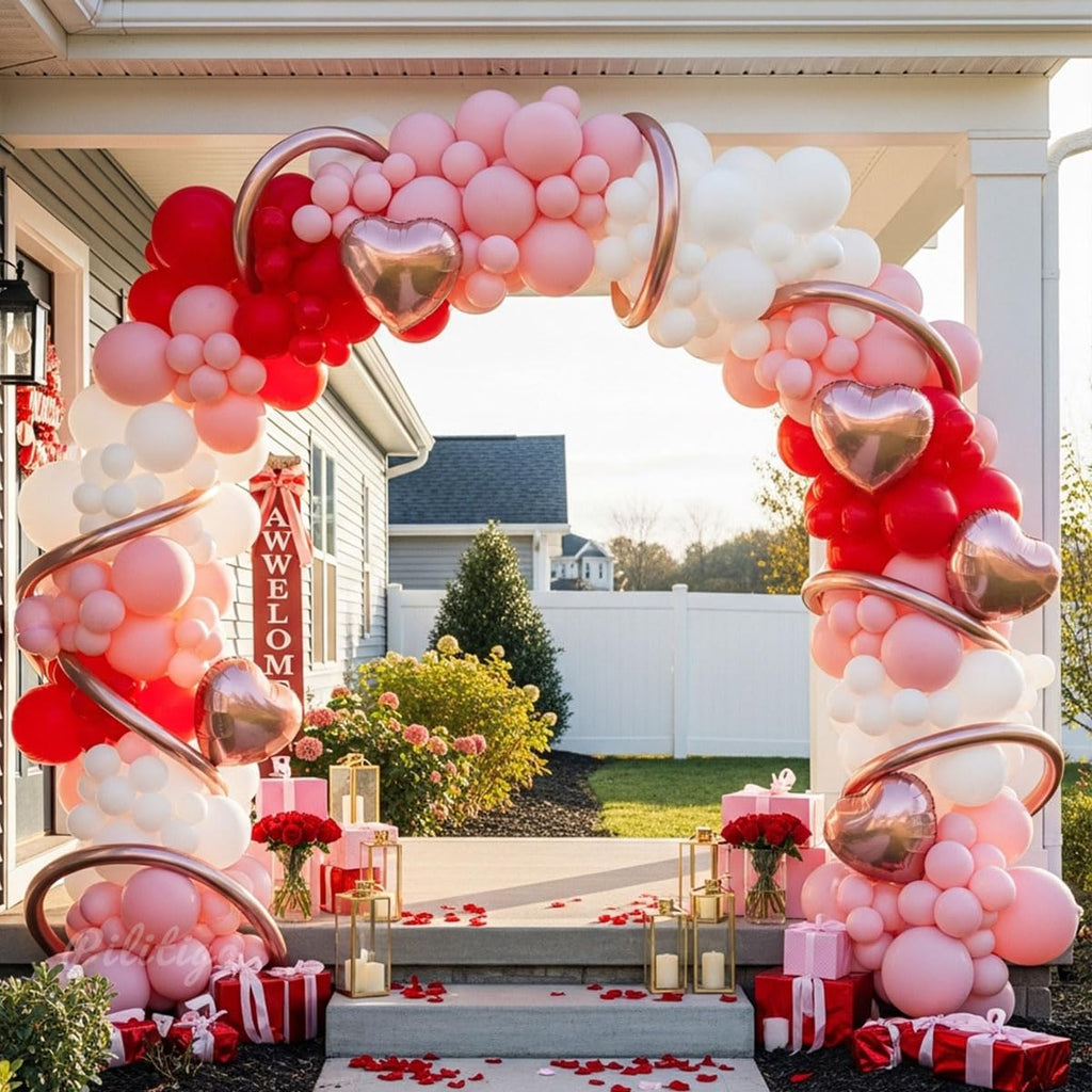 PALITIGO 137 Pcs Valentines Day Balloon Arch Kit - Red Pink White Matte Latex & Rose Gold Heart Foil Balloons