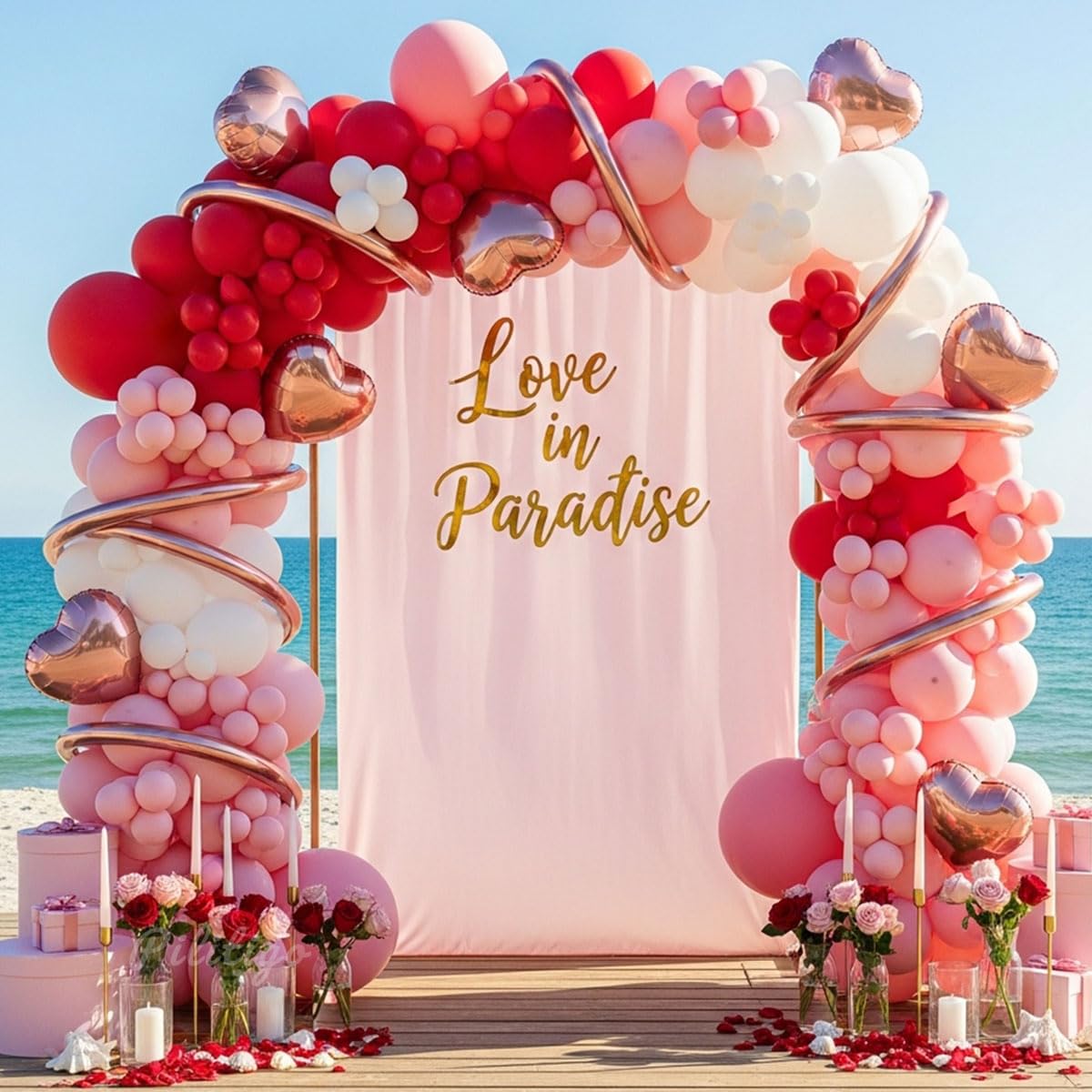 PALITIGO 137 Pcs Valentines Day Balloon Arch Kit - Red Pink White Matte Latex & Rose Gold Heart Foil Balloons