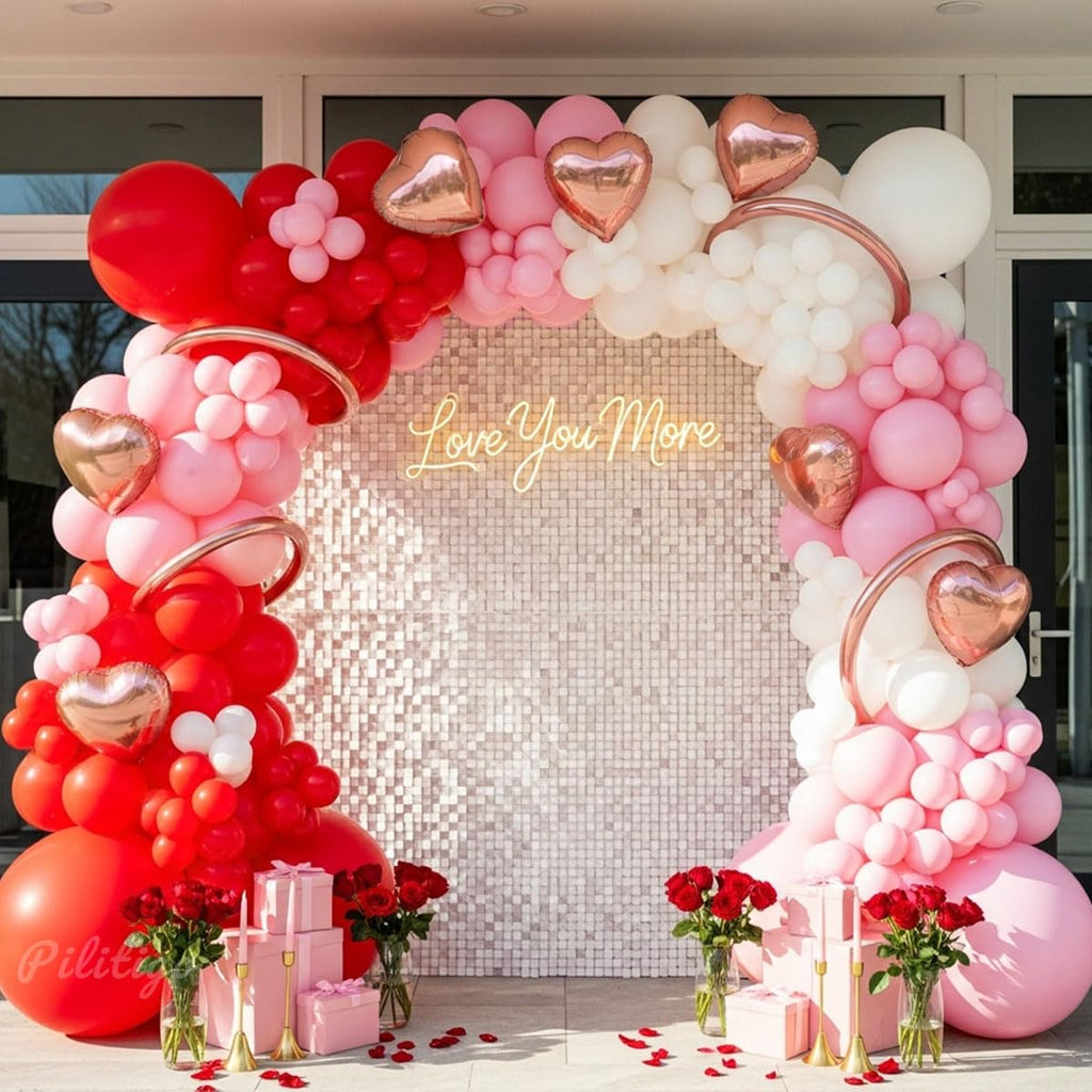 PALITIGO 137 Pcs Valentines Day Balloon Arch Kit - Red Pink White Matte Latex & Rose Gold Heart Foil Balloons