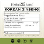 Herbal Roots Panax Ginseng | Organic Korean Ginseng Root Powder 1000mg | High Ginsenosides for Energy & Performance | 60 Vegan Capsules