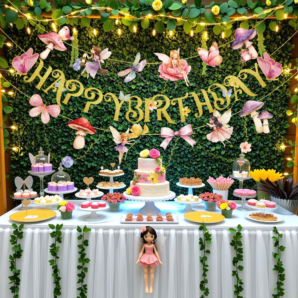 PAPER JAZZ Fairy Birthday Banner – Butterfly, Mushroom & Garden Party Decor