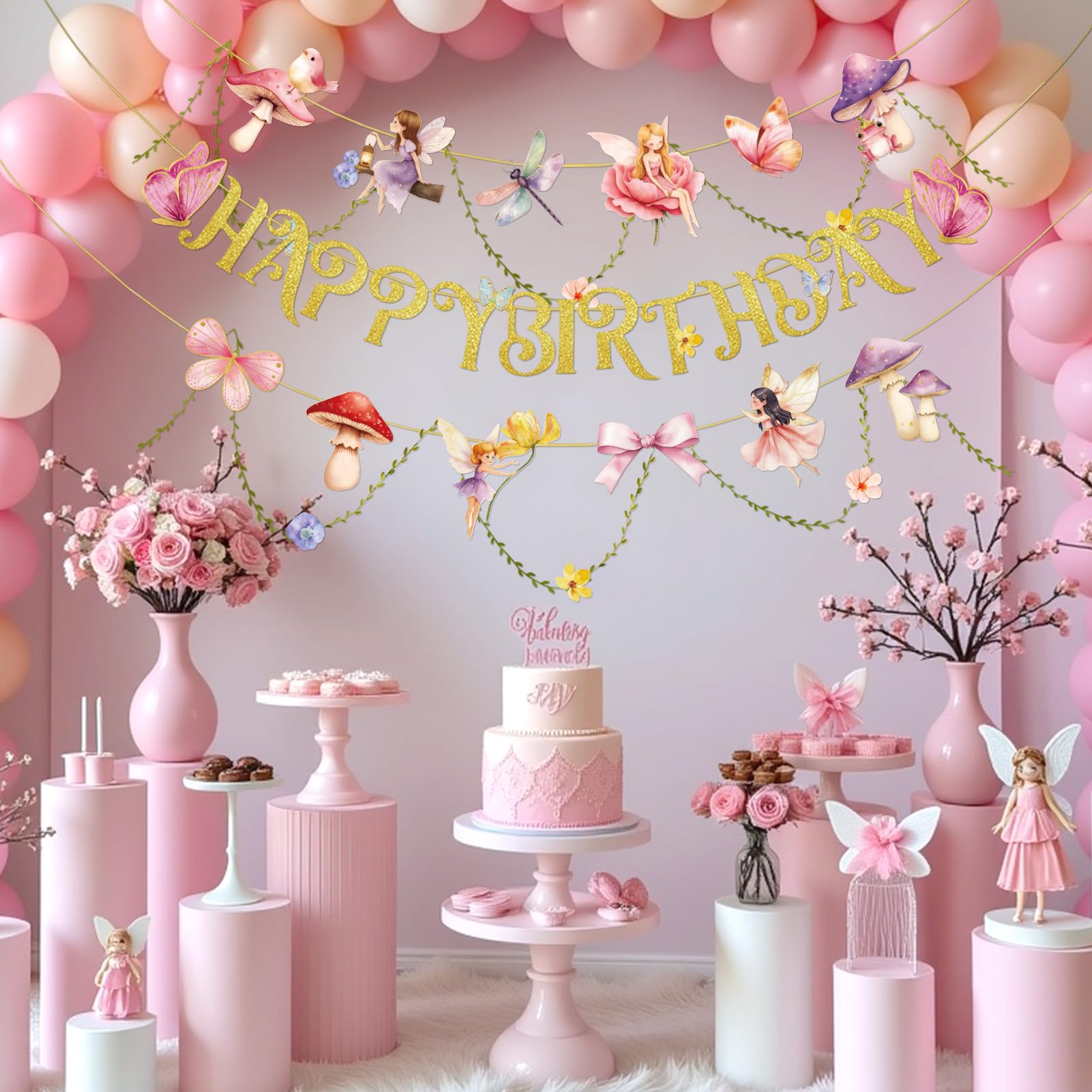 PAPER JAZZ Fairy Birthday Banner – Butterfly, Mushroom & Garden Party Decor