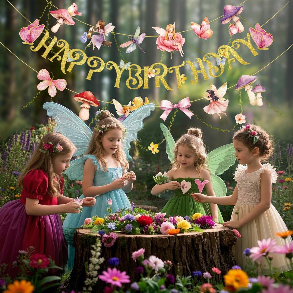 PAPER JAZZ Fairy Birthday Banner – Butterfly, Mushroom & Garden Party Decor
