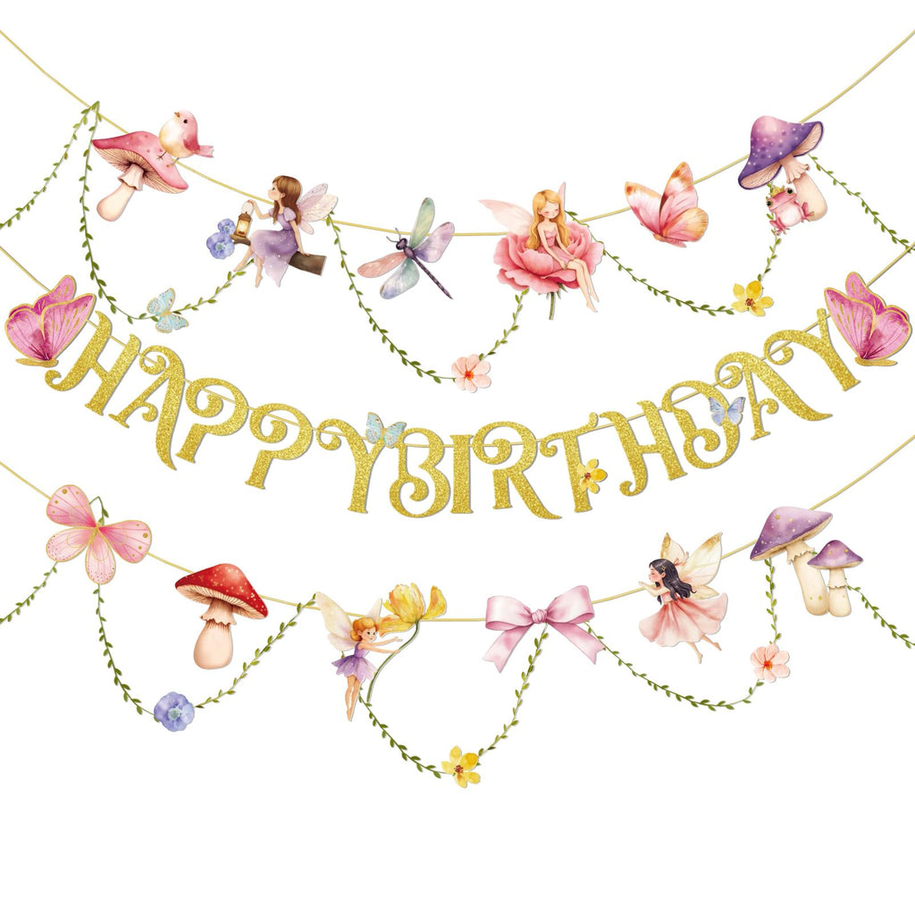 PAPER JAZZ Fairy Birthday Banner – Butterfly, Mushroom & Garden Party Decor