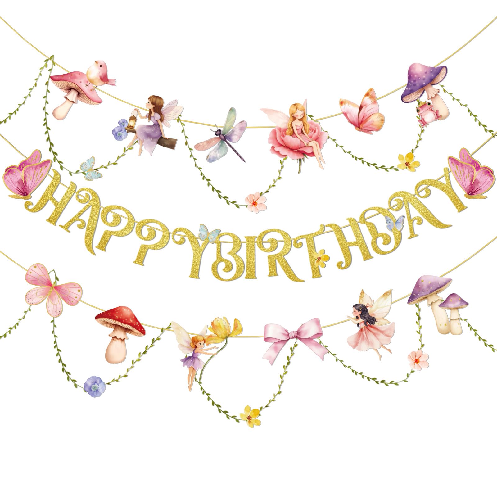 PAPER JAZZ Fairy Birthday Banner – Butterfly, Mushroom & Garden Party Decor