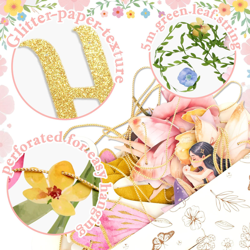 PAPER JAZZ Fairy Birthday Banner – Butterfly, Mushroom & Garden Party Decor