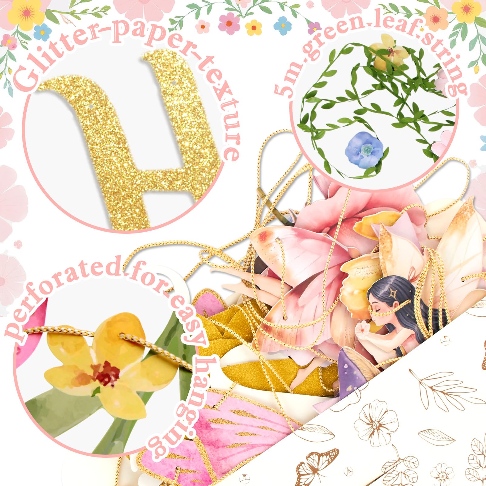 PAPER JAZZ Fairy Birthday Banner – Butterfly, Mushroom & Garden Party Decor