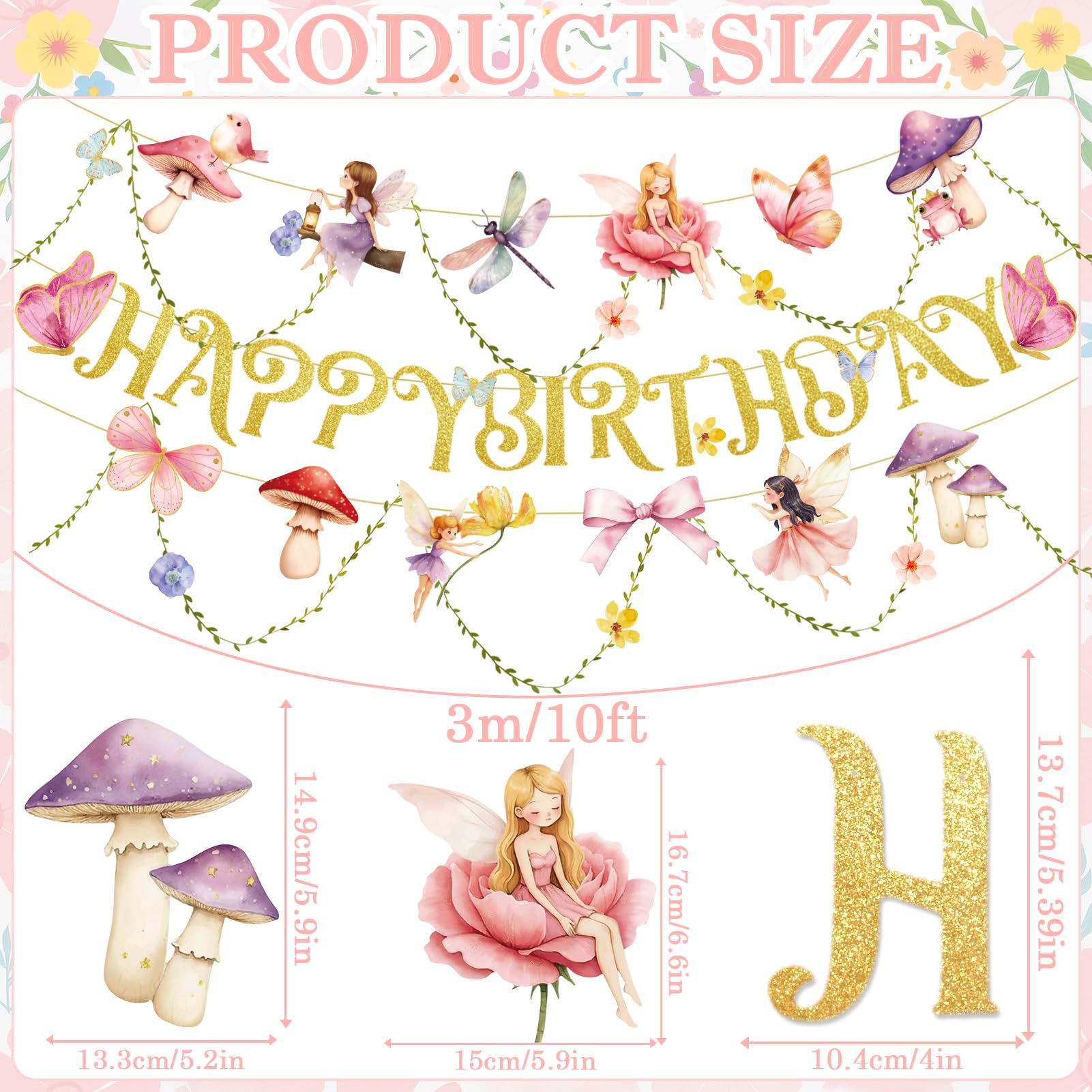 PAPER JAZZ Fairy Birthday Banner – Butterfly, Mushroom & Garden Party Decor