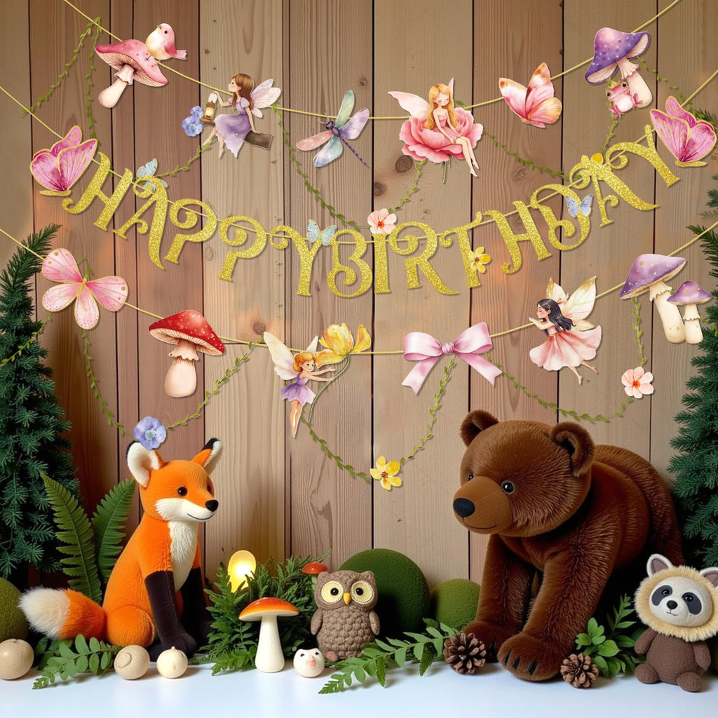 PAPER JAZZ Fairy Birthday Banner – Butterfly, Mushroom & Garden Party Decor