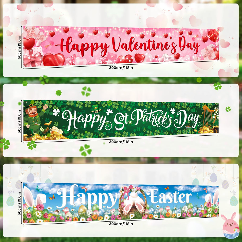 Papmiunm 3-Piece Large Holiday Banner Set – Valentine’s Day, St. Patrick’s Day & Easter Yard Banners