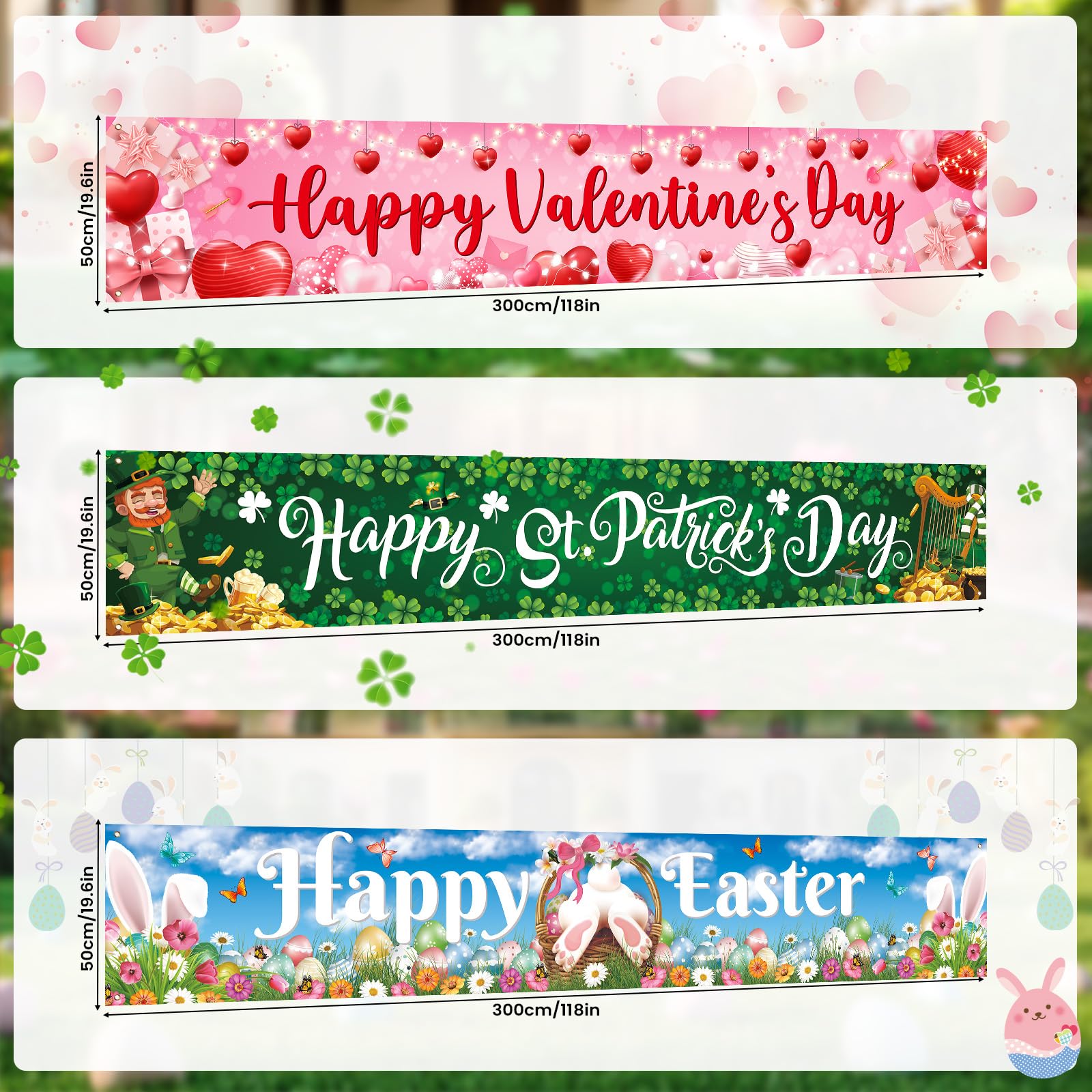 Papmiunm 3-Piece Large Holiday Banner Set – Valentine’s Day, St. Patrick’s Day & Easter Yard Banners