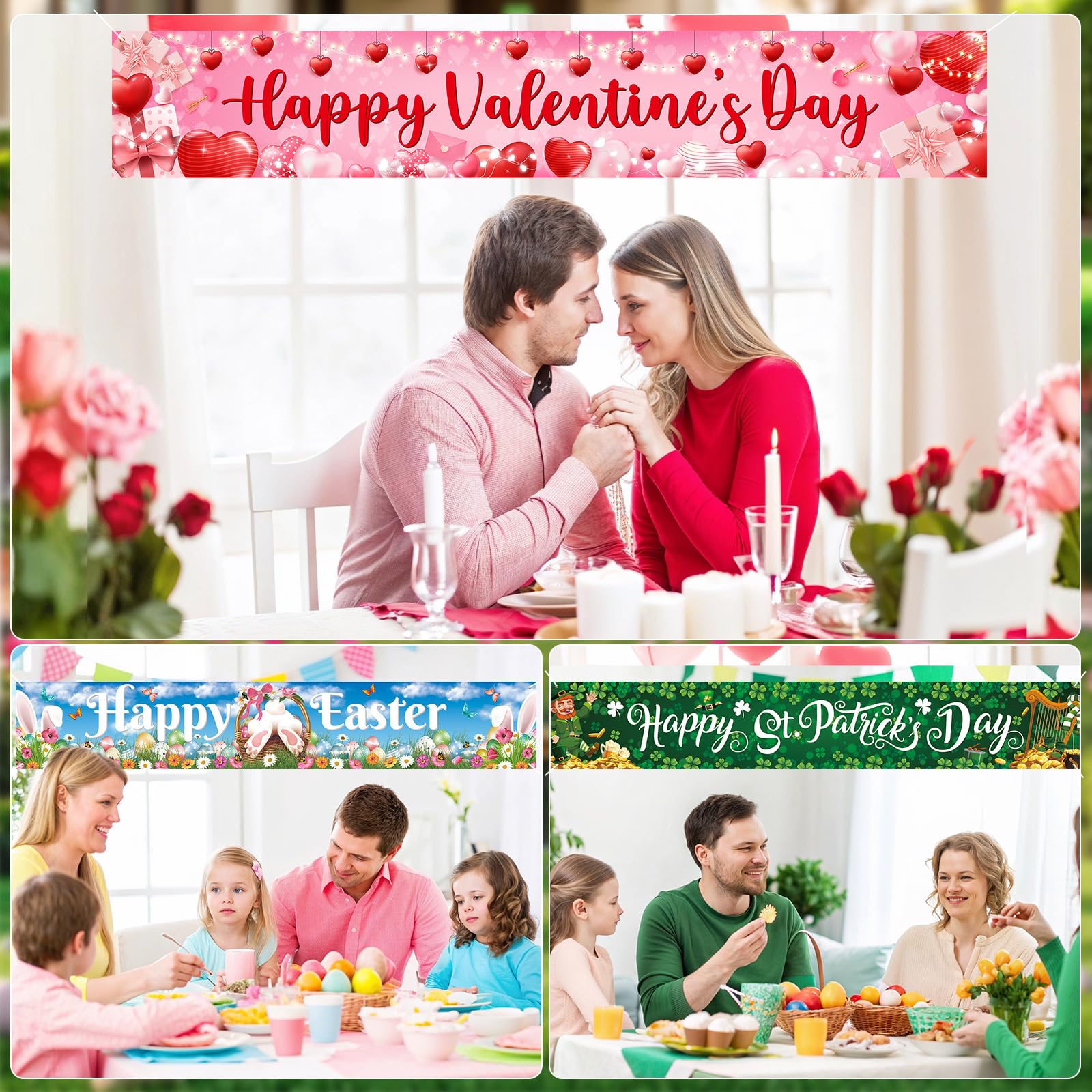 Papmiunm 3-Piece Large Holiday Banner Set – Valentine’s Day, St. Patrick’s Day & Easter Yard Banners