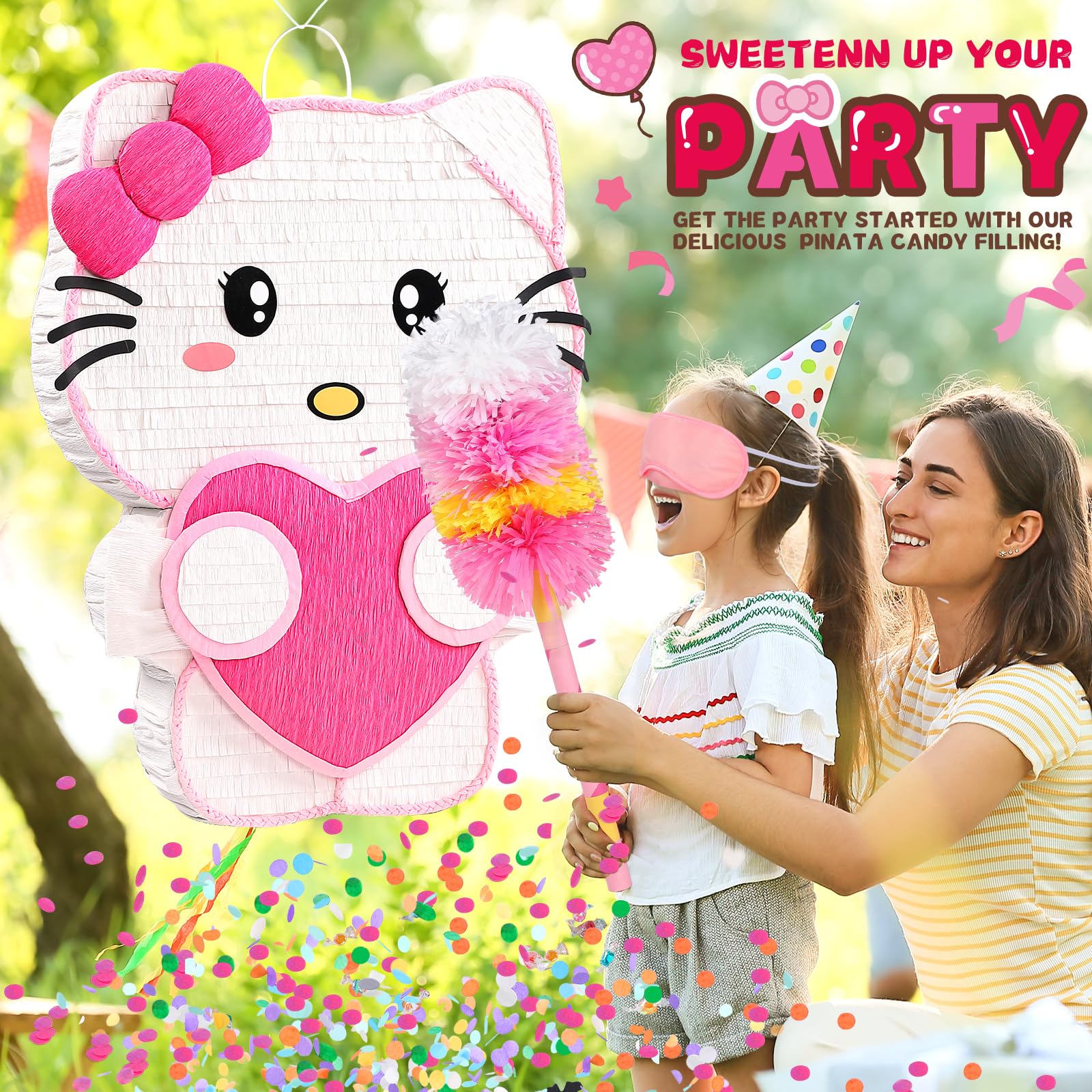 Pardecor Large Pink Cat Pinata - Includes 24-inch Bat Stick, Eye Mask, Rope for Girls' Birthday Parties
