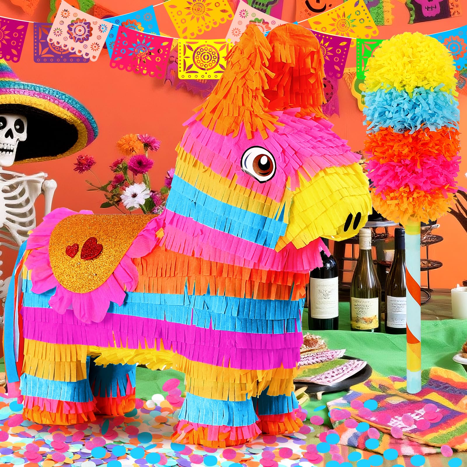 Pardecor Cinco de Mayo Donkey Pinata – 24-Inch Stick & Rope Rainbow Pinata for Parties