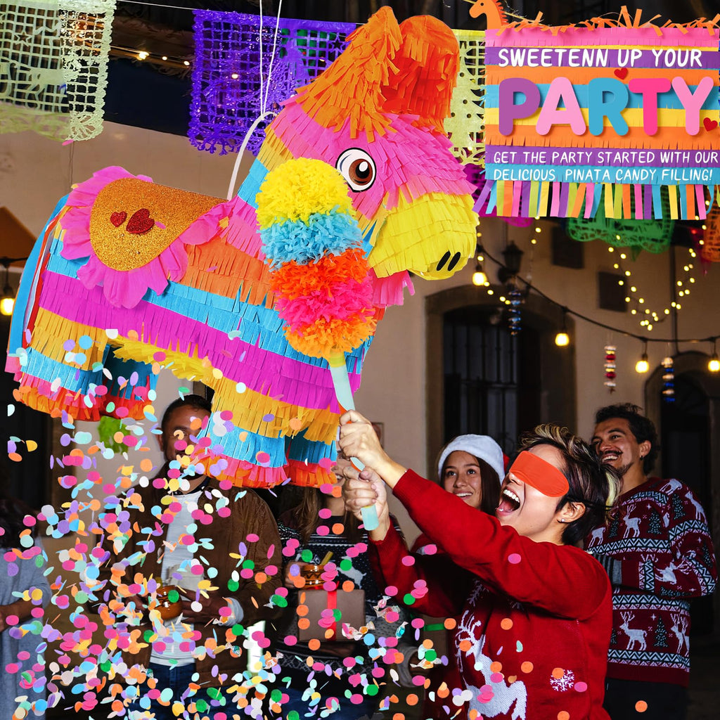 Pardecor Cinco de Mayo Donkey Pinata – 24-Inch Stick & Rope Rainbow Pinata for Parties