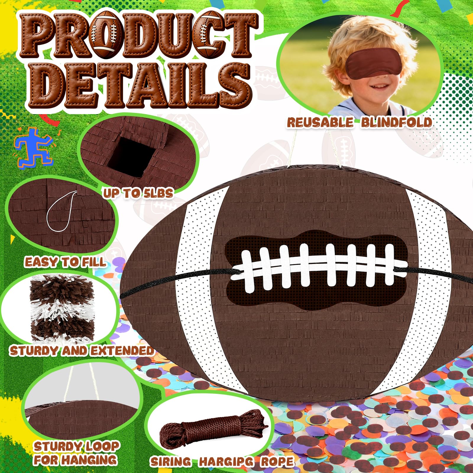 Pardecor 25-inch Football Pinata with Bat, Blindfold & Rope – Large Sports Ball Party Decor & Game Day Fun