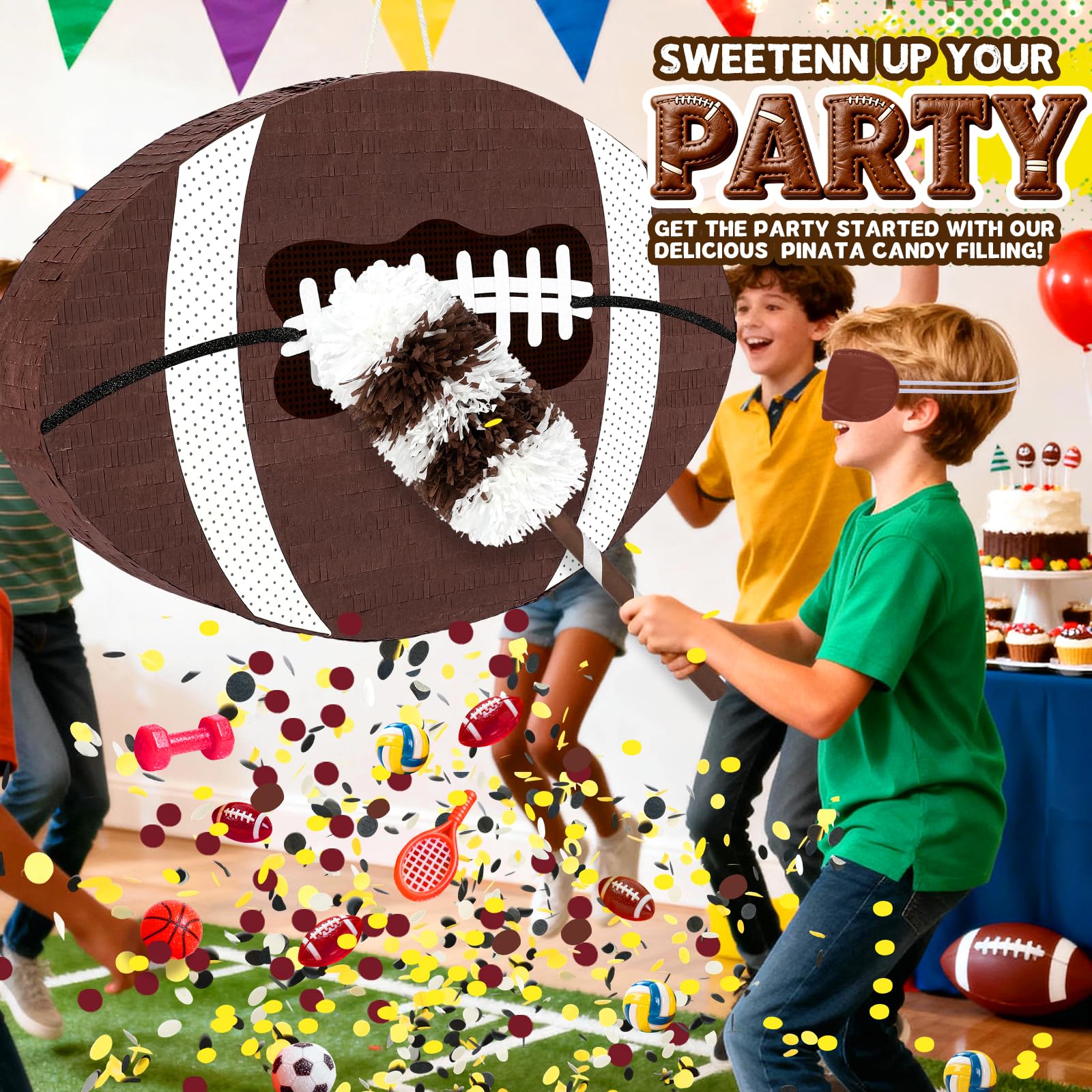 Pardecor 25-inch Football Pinata with Bat, Blindfold & Rope – Large Sports Ball Party Decor & Game Day Fun
