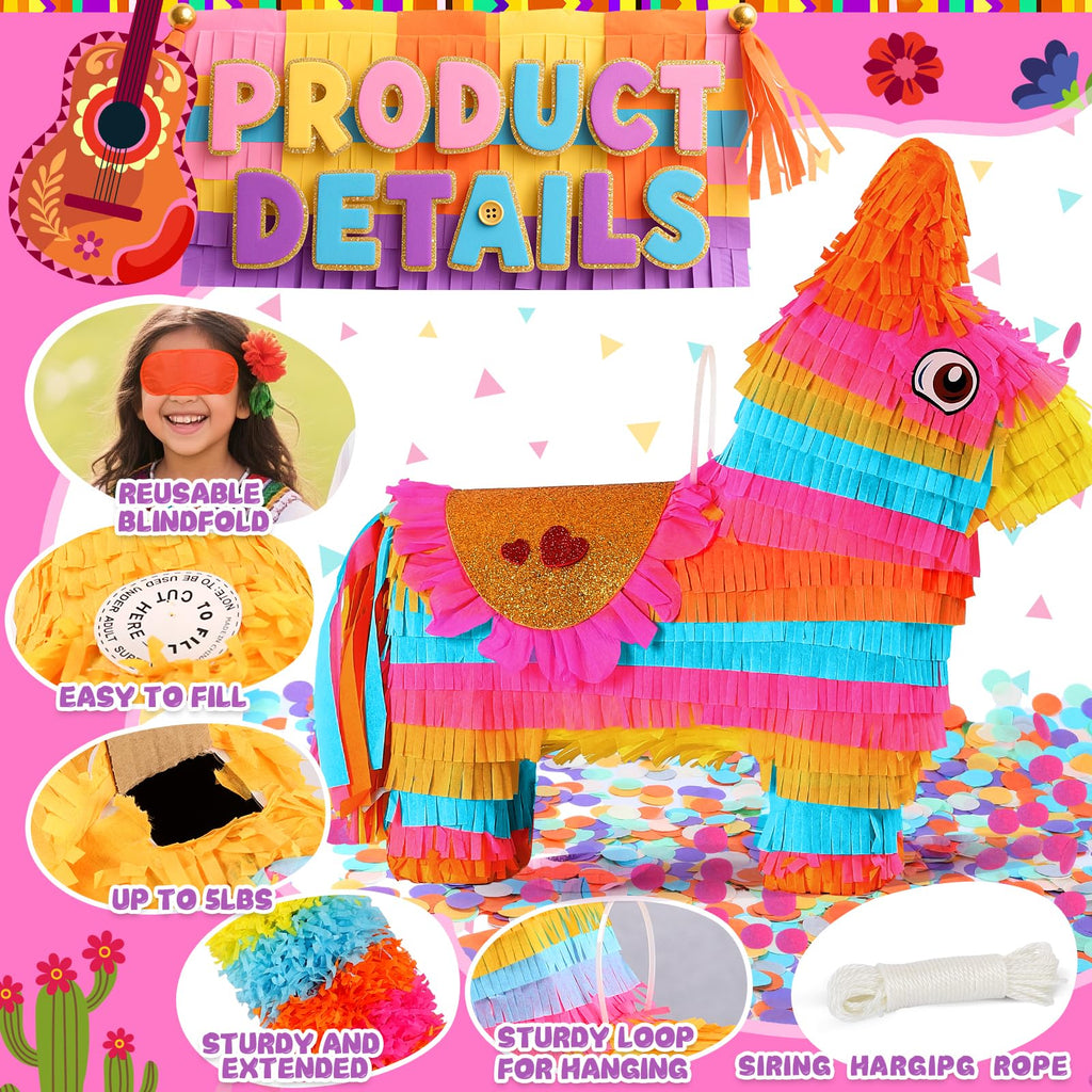 Pardecor Cinco de Mayo Donkey Pinata – 24-Inch Stick & Rope Rainbow Pinata for Parties