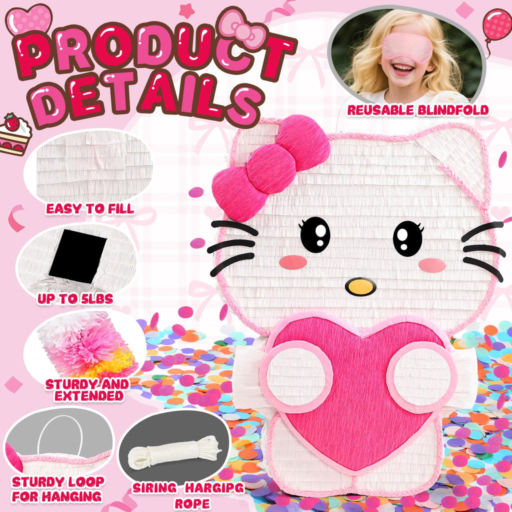 Pardecor Large Pink Cat Pinata - Includes 24-inch Bat Stick, Eye Mask, Rope for Girls' Birthday Parties