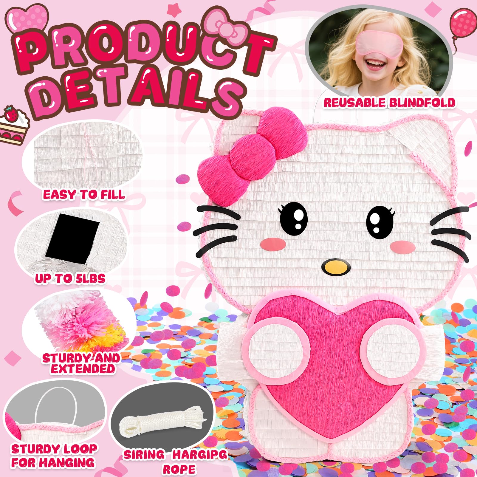 Pardecor Large Pink Cat Pinata - Includes 24-inch Bat Stick, Eye Mask, Rope for Girls' Birthday Parties