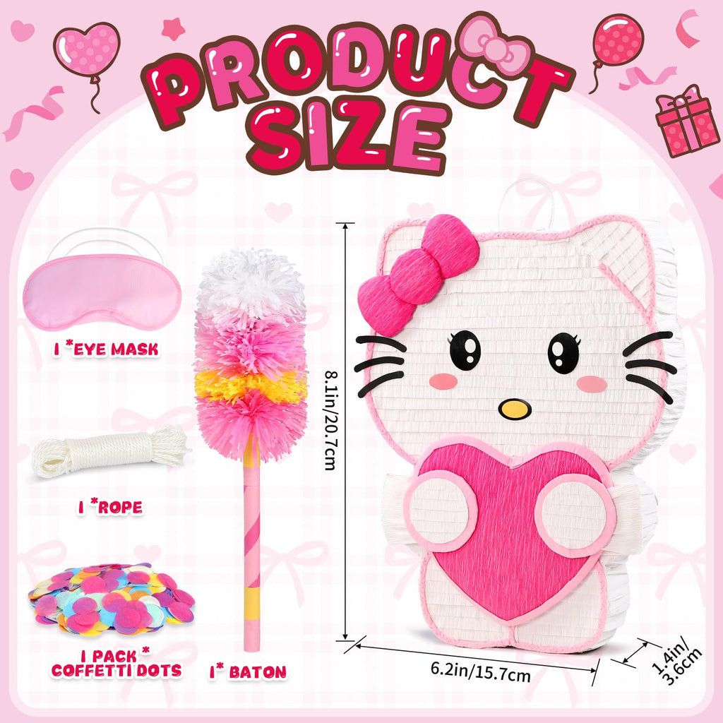 Pardecor Large Pink Cat Pinata - Includes 24-inch Bat Stick, Eye Mask, Rope for Girls' Birthday Parties