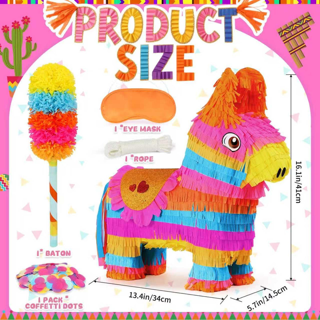 Pardecor Cinco de Mayo Donkey Pinata – 24-Inch Stick & Rope Rainbow Pinata for Parties