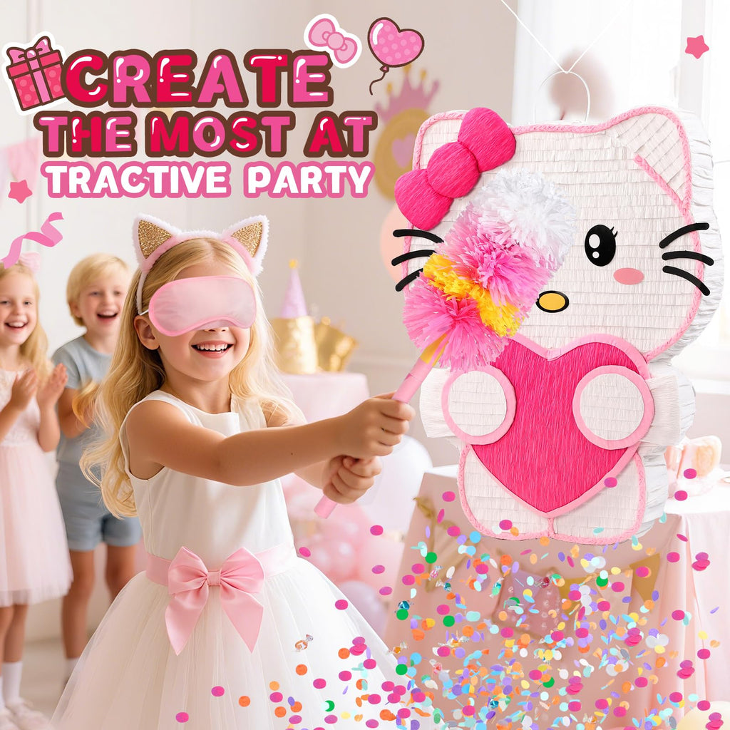 Pardecor Large Pink Cat Pinata - Includes 24-inch Bat Stick, Eye Mask, Rope for Girls' Birthday Parties