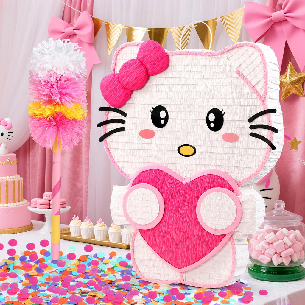Pardecor Large Pink Cat Pinata - Includes 24-inch Bat Stick, Eye Mask, Rope for Girls' Birthday Parties