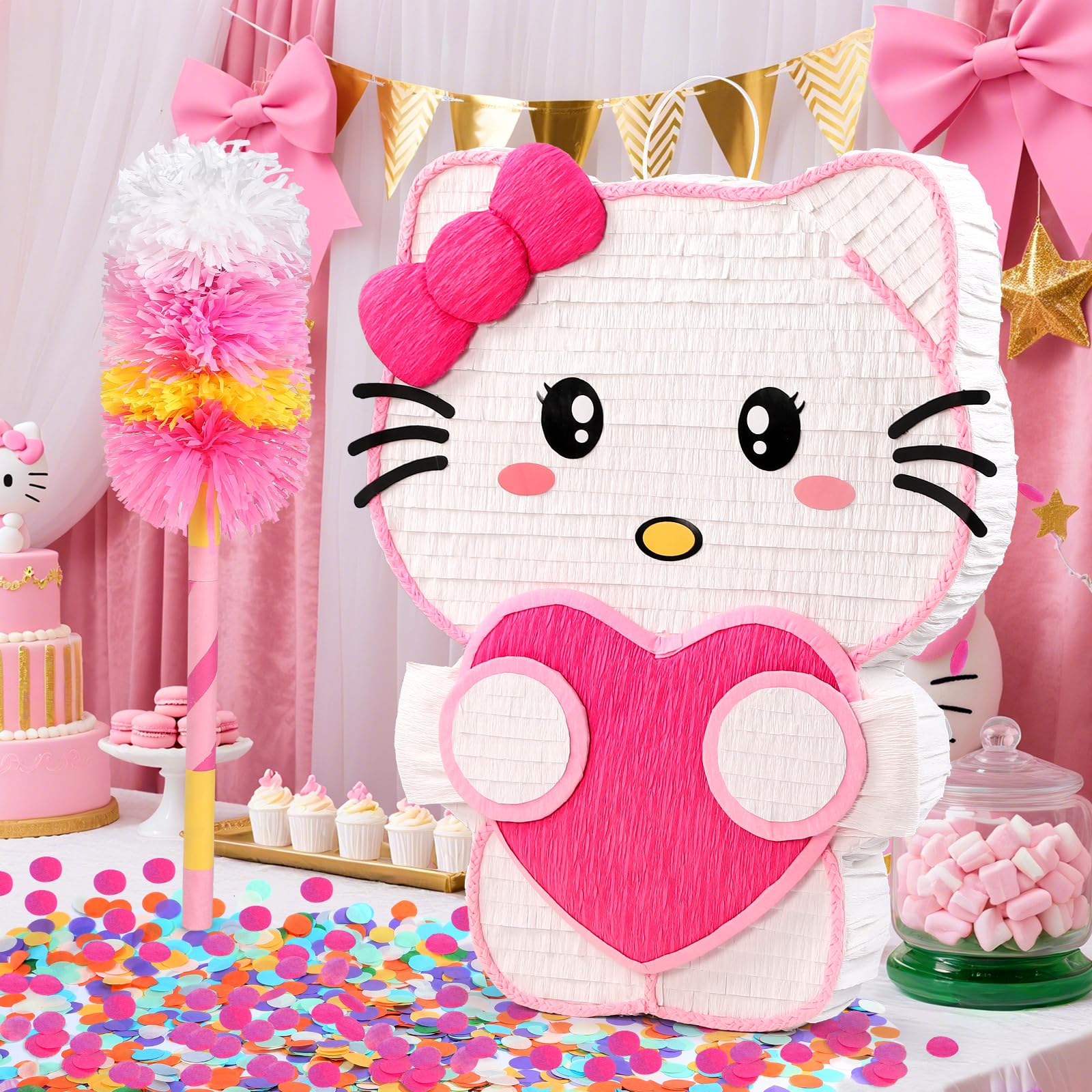 Pardecor Large Pink Cat Pinata - Includes 24-inch Bat Stick, Eye Mask, Rope for Girls' Birthday Parties