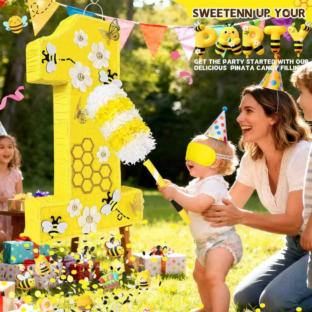 Pardecor 25-Inch Queen Bee Number One Piñata — Includes Bat, Eye Mask & Rope | First Birthday Party Decor