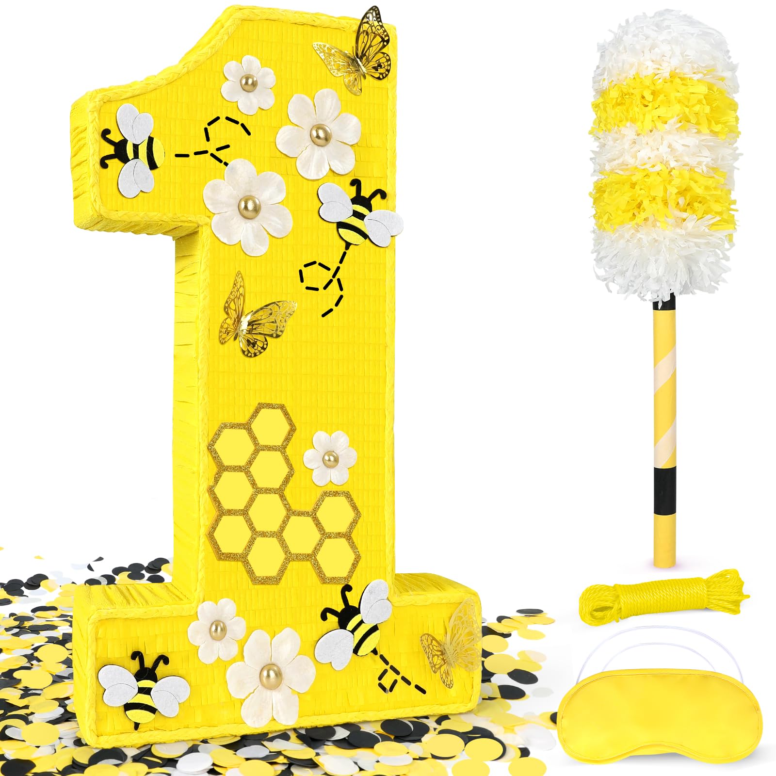 Pardecor 25-Inch Queen Bee Number One Piñata — Includes Bat, Eye Mask & Rope | First Birthday Party Decor