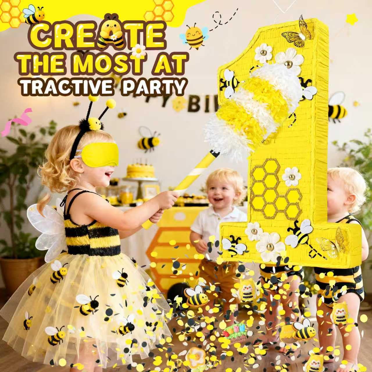 Pardecor 25-Inch Queen Bee Number One Piñata — Includes Bat, Eye Mask & Rope | First Birthday Party Decor