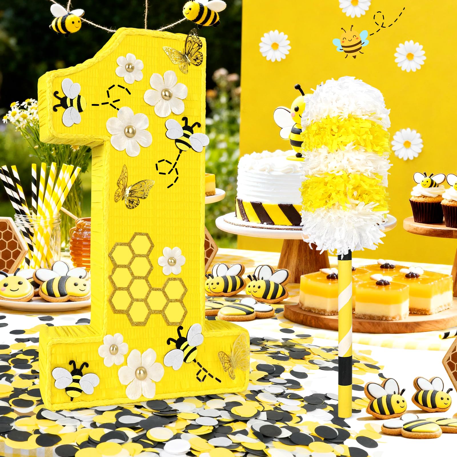 Pardecor 25-Inch Queen Bee Number One Piñata — Includes Bat, Eye Mask & Rope | First Birthday Party Decor