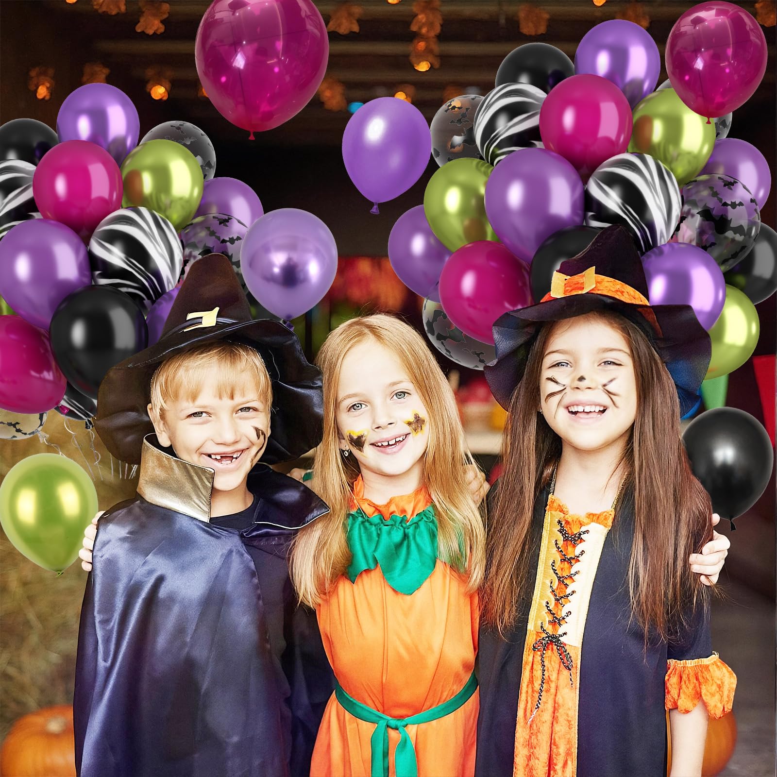 Paready Halloween Balloons Set – 60 Pcs Hot Pink, Black, Green & Purple Metallic Balloons with Bat Print