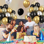 Paready Black and Gold Confetti Balloons – 60+2 Pcs 12in Latex Party Balloons with Ribbons